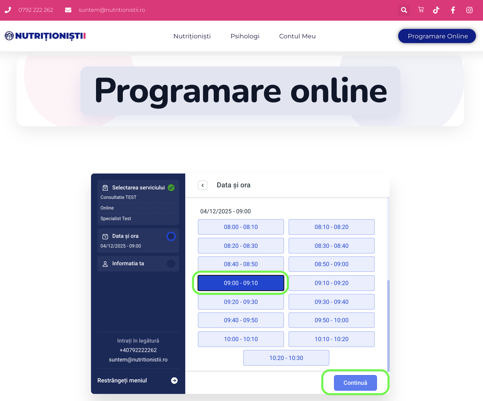 Alege ora dorită și apasă Continua