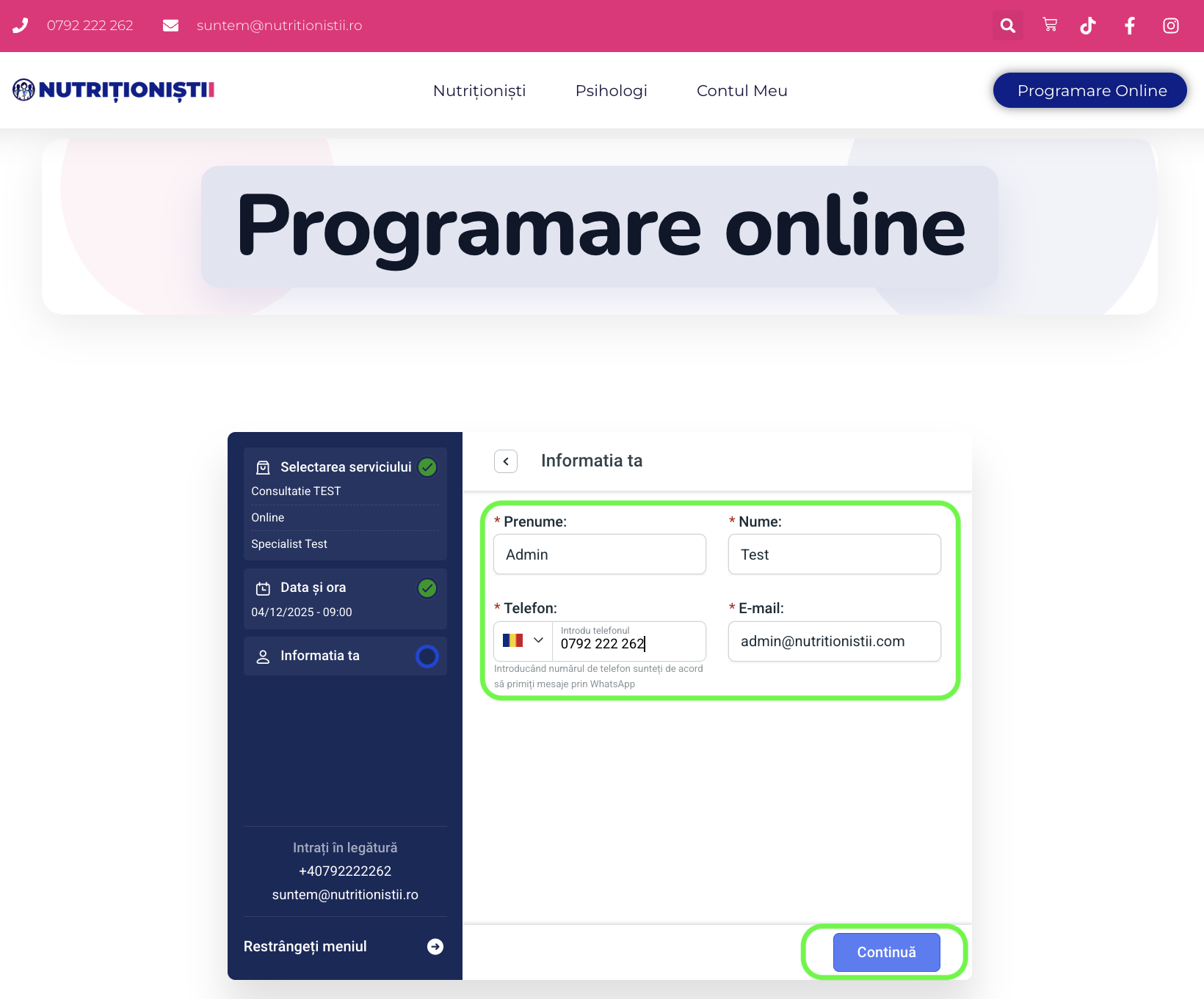 Completează datele personale pentru programare