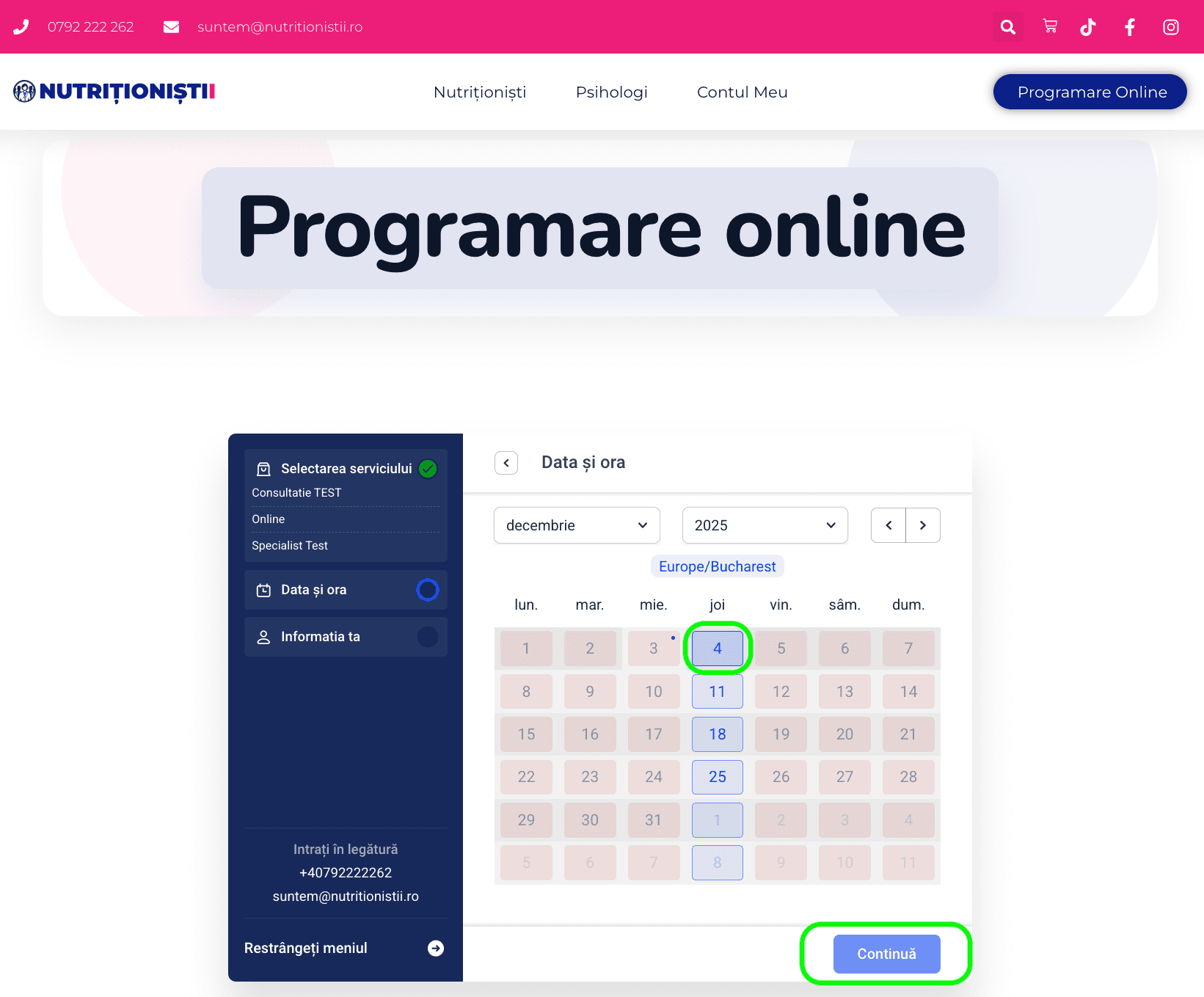 Selectează data programării din calendar
