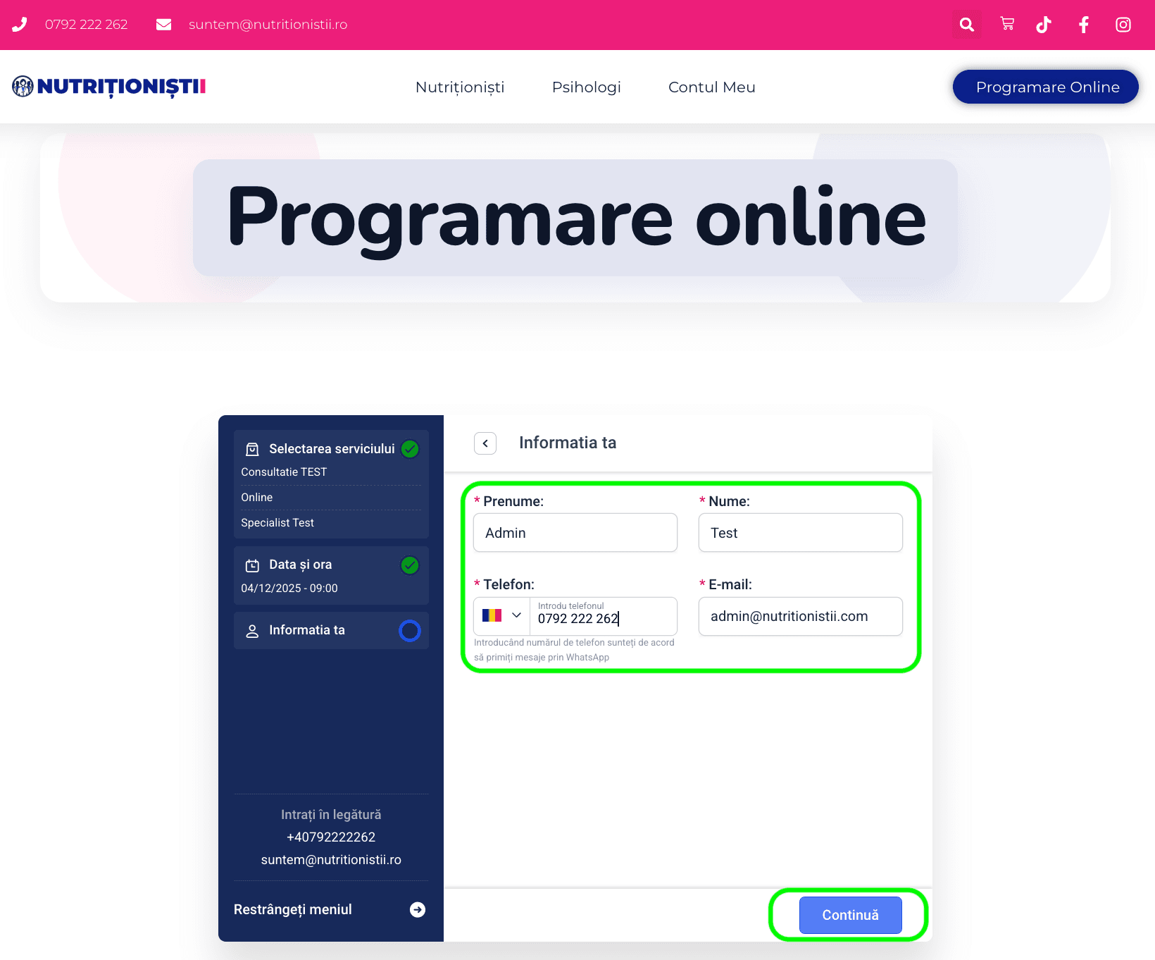 Completează datele personale pentru programare